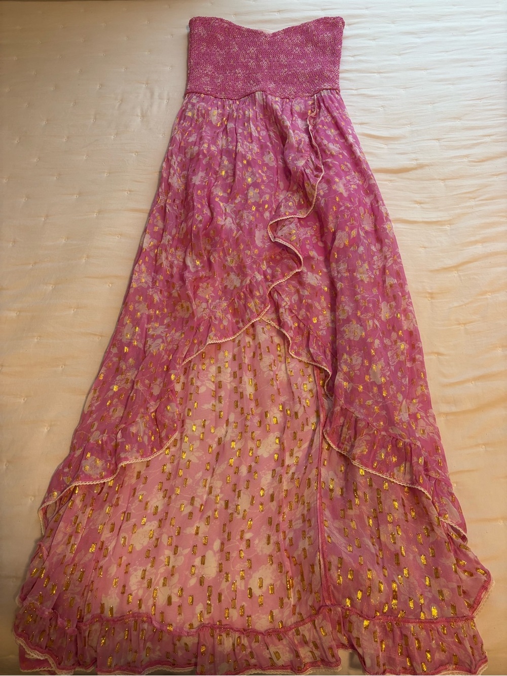 *TINY RIP* Sunday Saint Tropez Best Pink Floral Hi-Low Maxi Dress with Gold Foil